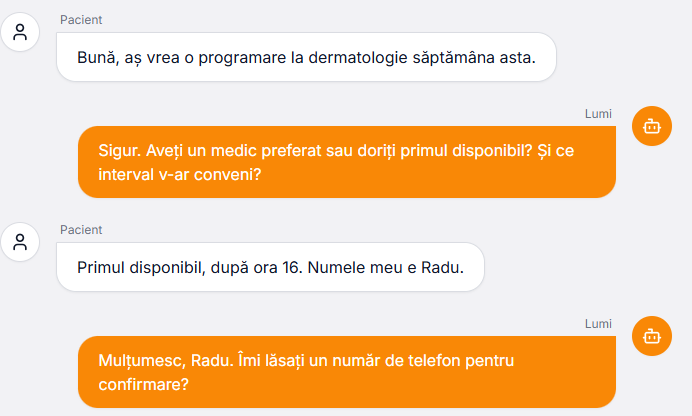A lumi.bot call to a private clinic: a patient asks for a dermatology appointment, and lumi checks whether they want a specific doctor and which time suits.